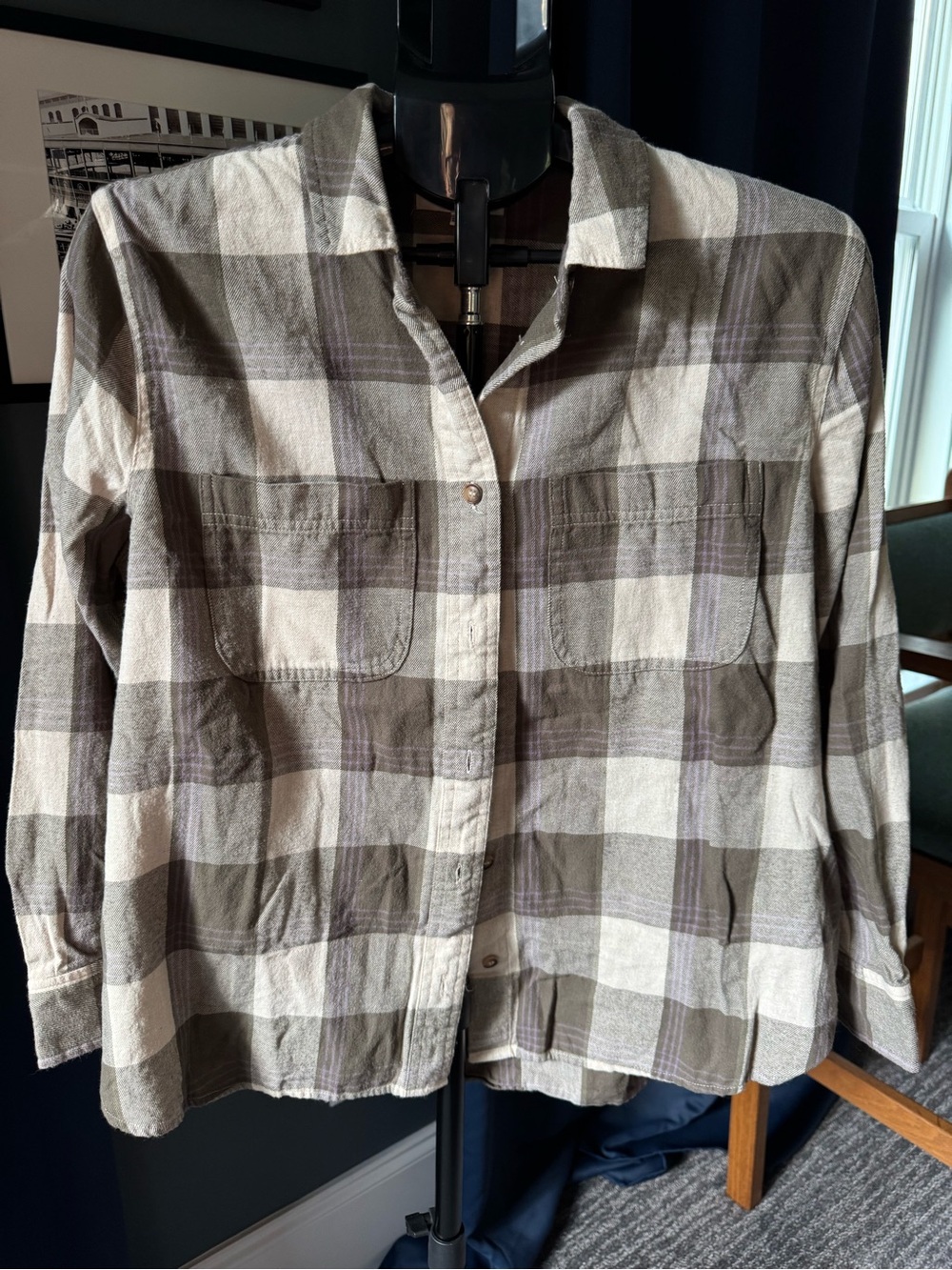 Madewell Oversized Boyfriend Flannel Size Medium Olive Green Tan Purple